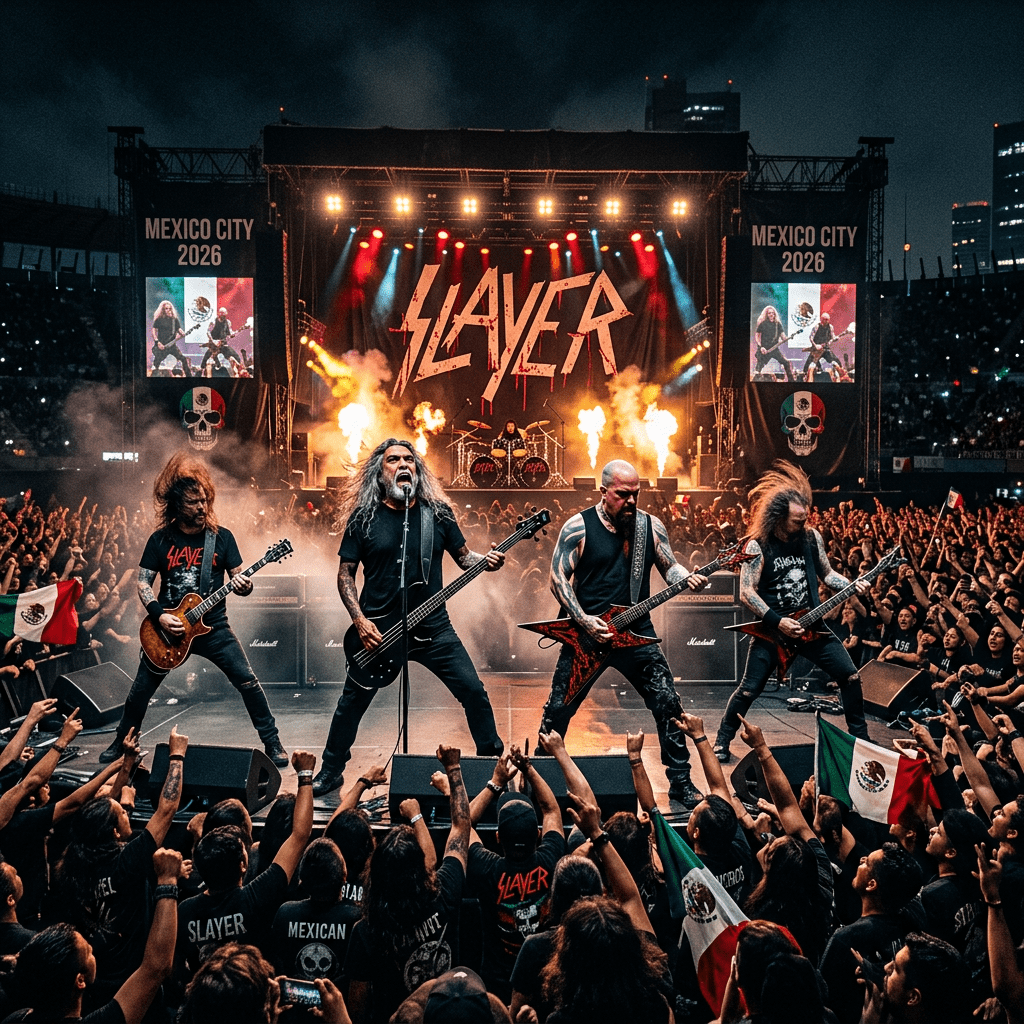 Slayer band performing live at a concert in Mexico City with pyrotechnics and a large enthusiastic crowd
