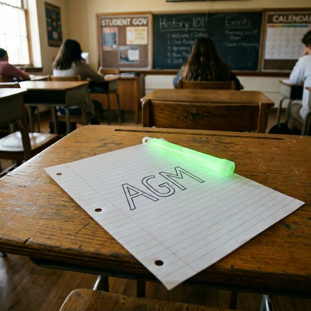Student government meeting agenda on desk Student government meeting agenda and green highlighter on a wooden desk