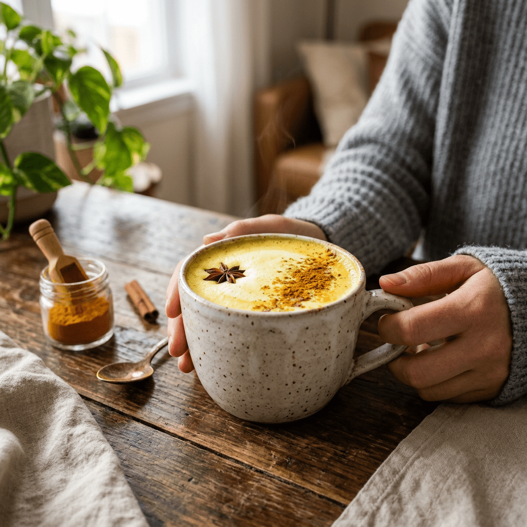 Steaming turmeric latte in a speckled ceramic mug with star anise and cinnamon powder