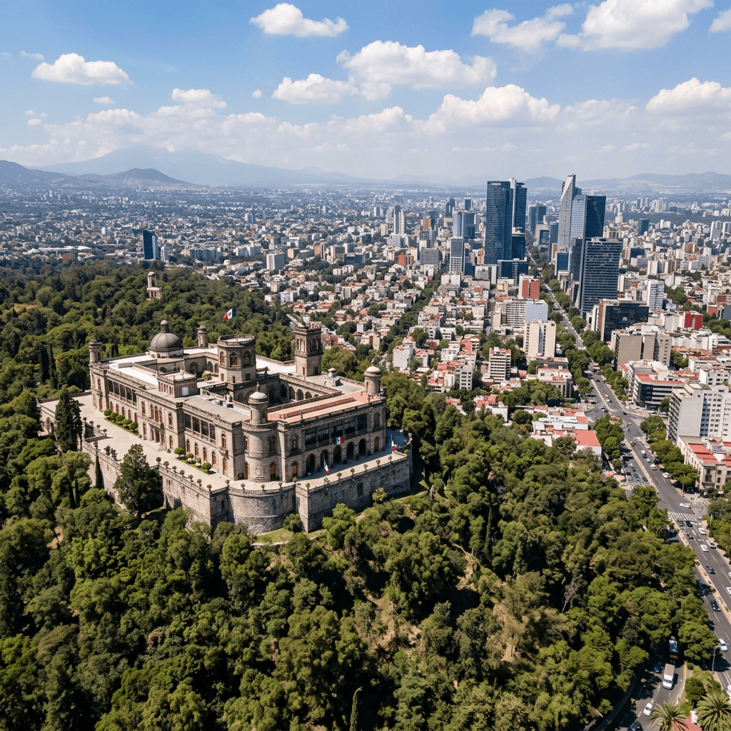 Chapultepec Castle on hilltop surrounded by trees with Mexico City skyline behind