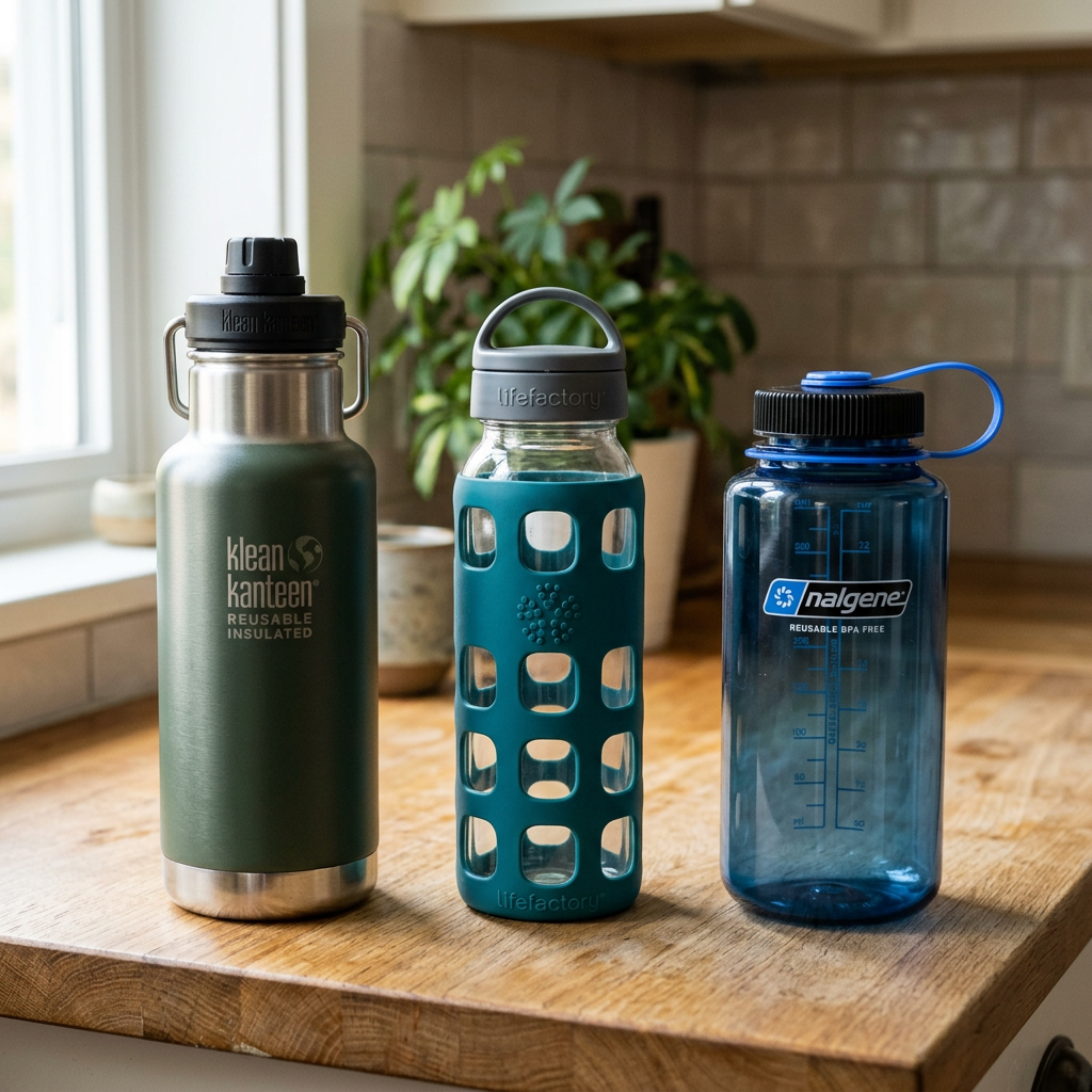 Three reusable water bottles from Klean Kanteen, Lifefactory, and Nalgene on wooden countertop